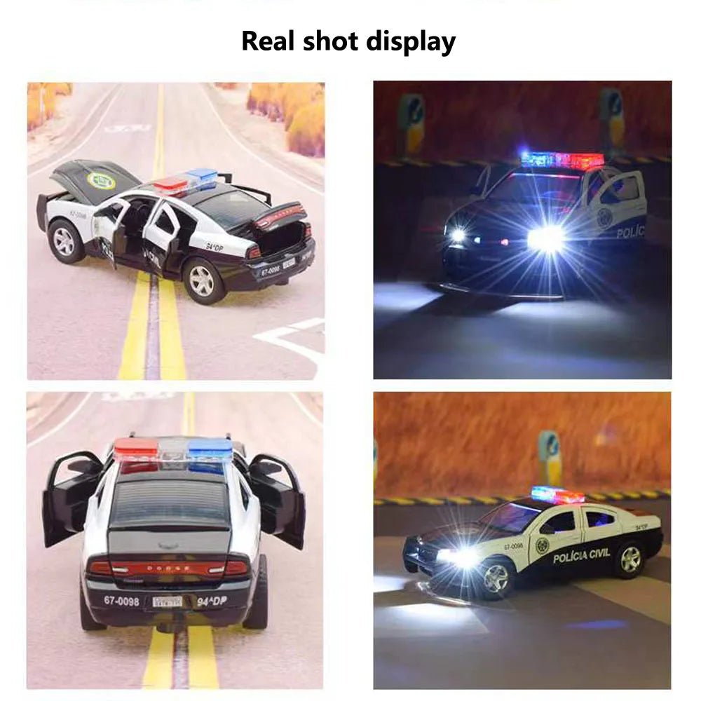 1:32 Alloy Diecast Police Car Toy with Sound and Light Effects and Pull-Back Action