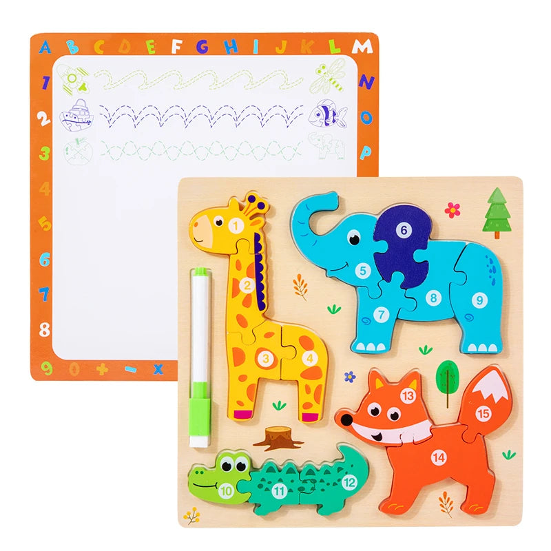 Montessori Wooden Puzzle | 3D Animal Vehicle Shapes | Drawing Board | Ages 3-6