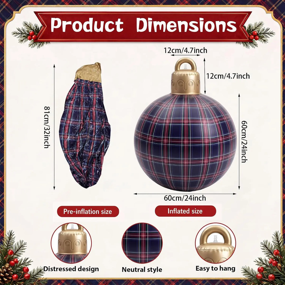 Christmas Inflatable Balls | 32 Inch | 3 Pack | Tartan Holiday Decor