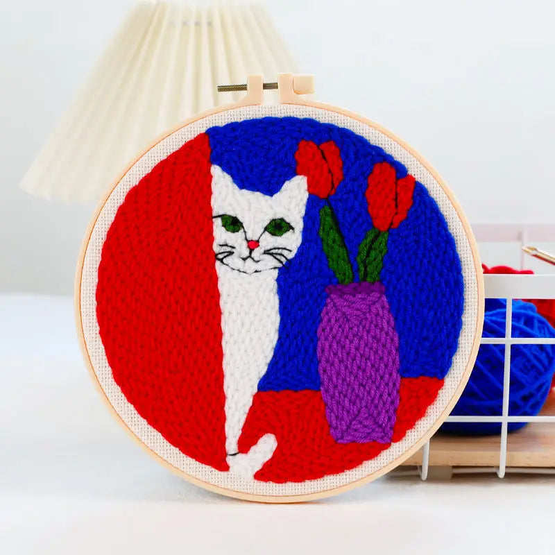 Beginner Cat & Floral Punch Needle Kit - Adjustable Embroidery Pen, Hoop, and Craft Supplies for Kids and Adults