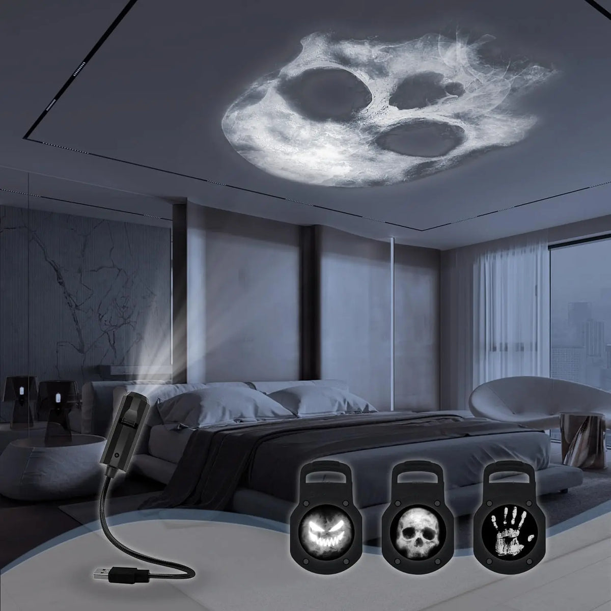 LED Projector Light | Ghost Skull Pattern | USB Powered | Room Ceiling Decor