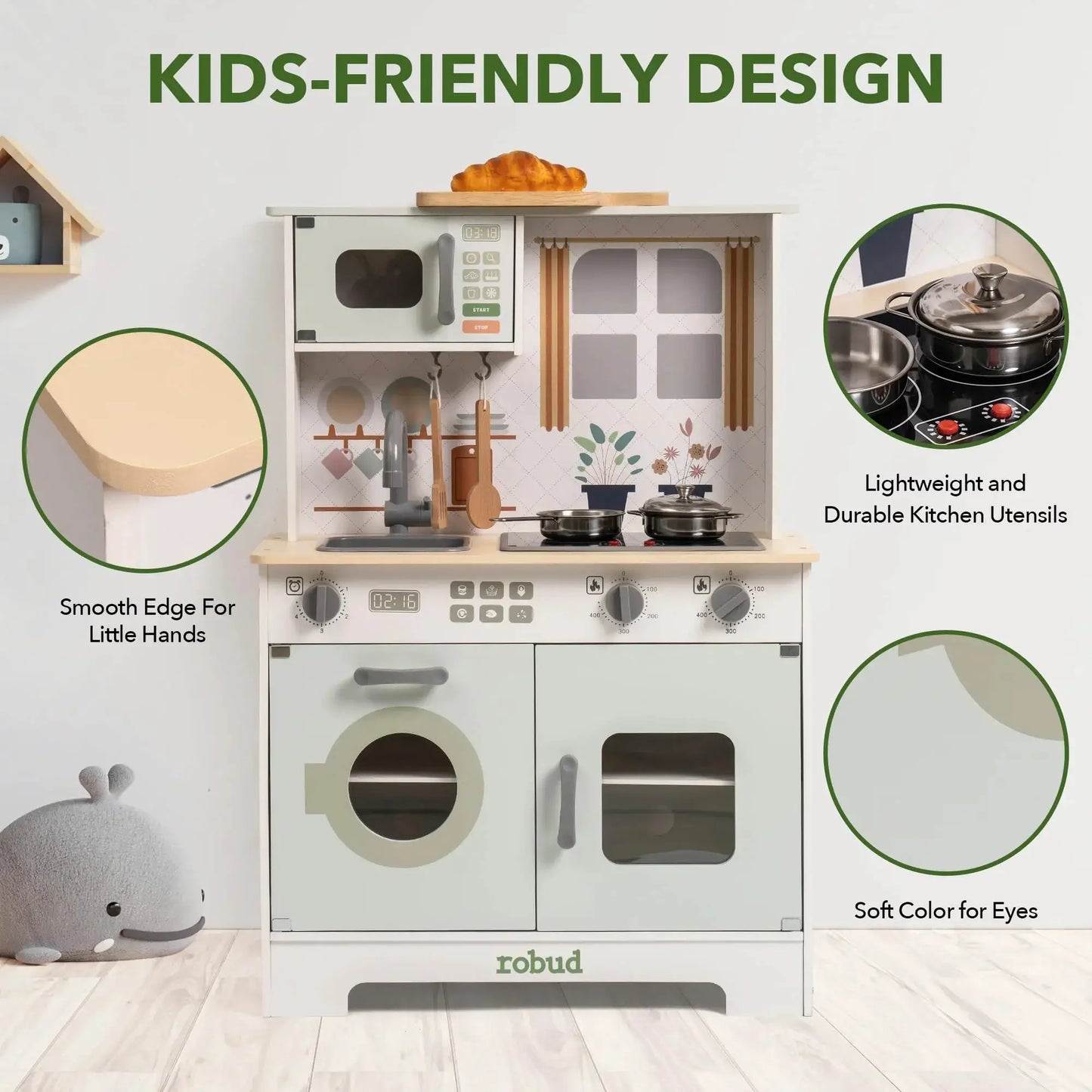 Robotime Robud Play Kitchen Wooden Play Kitchen Set Pretend Playset w/ Lights & Sounds Gift for Girls Boys Age 3+ Light Green - ToylandEU