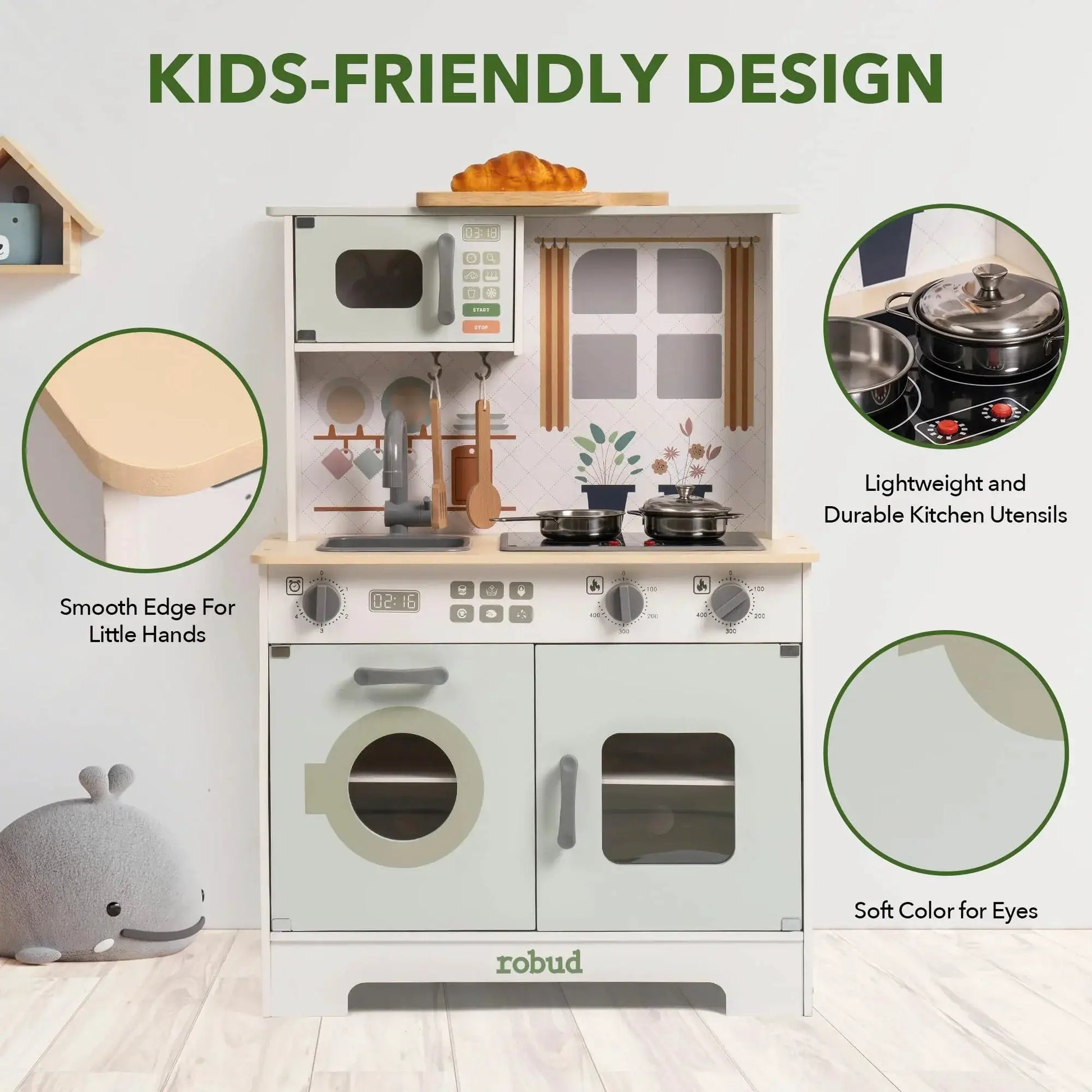 Robotime Robud Play Kitchen Wooden Play Kitchen Set Pretend Playset w/ Lights & Sounds Gift for Girls Boys Age 3+ Light Green - ToylandEU
