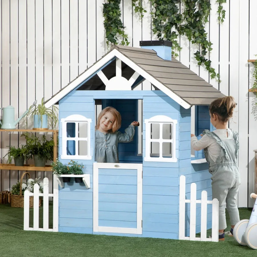 Wooden Outdoor Playhouse For Kids With Flower Pot Holders Blue