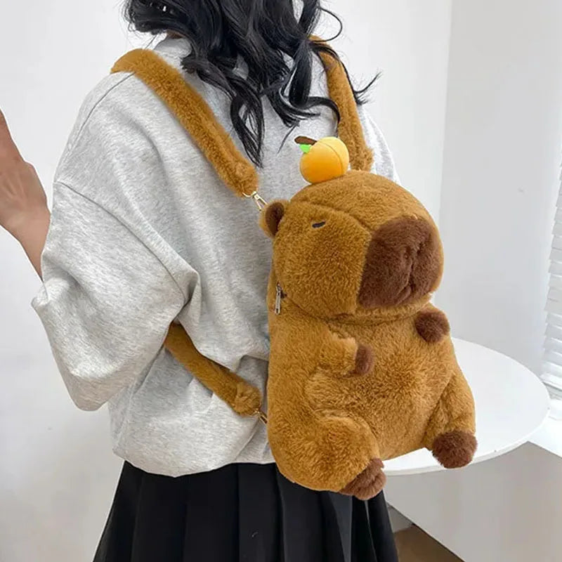 Kawaii Capybara Plush Backpack for Kids - Cute Cartoon Animal Bag with Zipper Opening