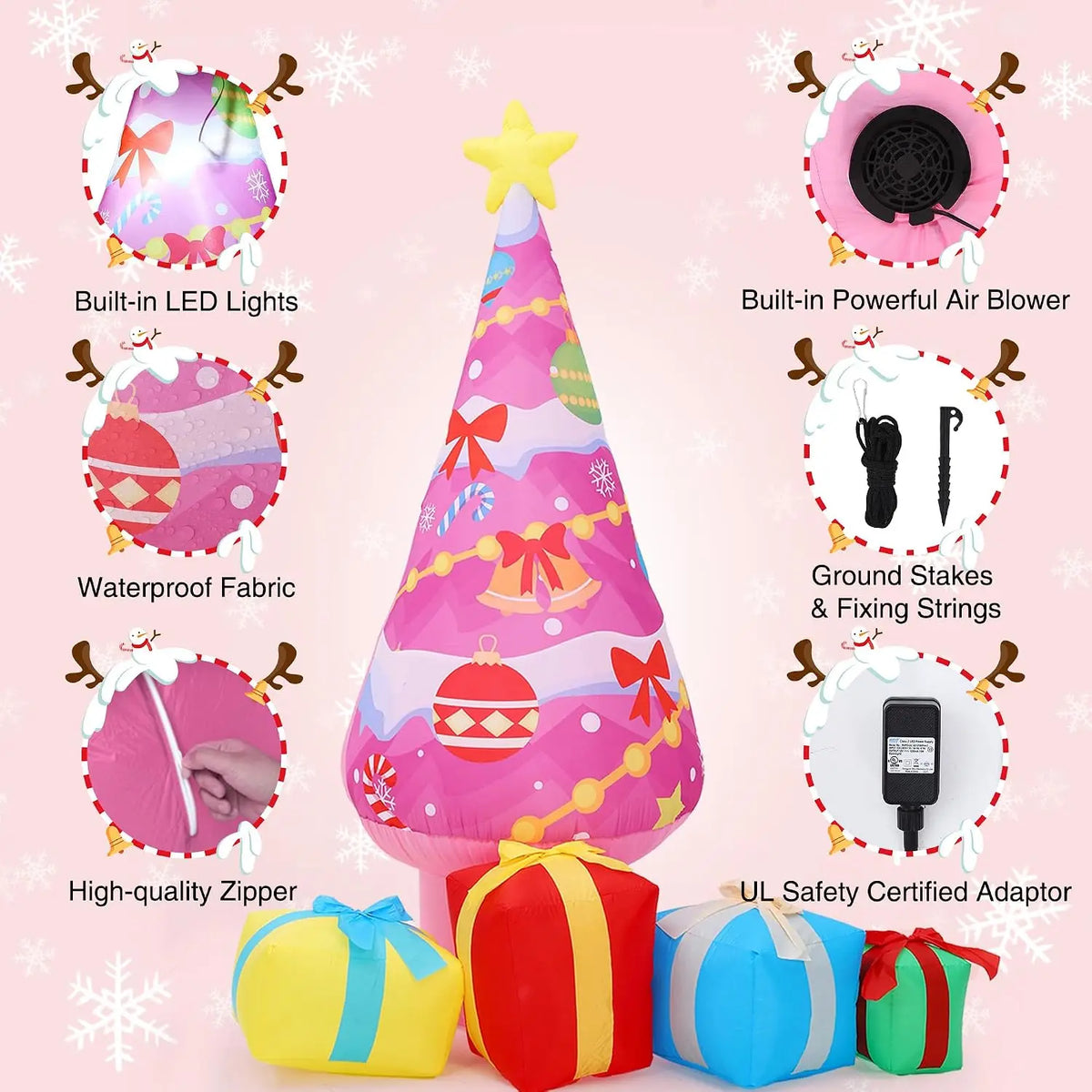 Pink Inflatable Christmas Tree | Built In LED Lights | 7 Ft | Yard Decor