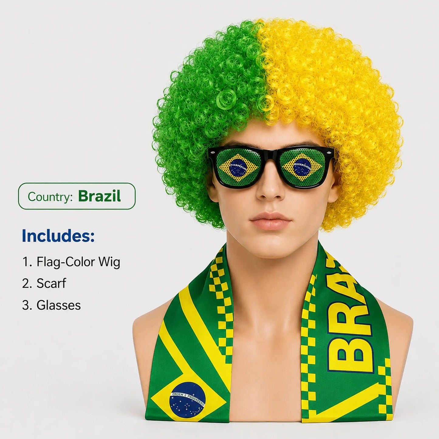 World Cup Flag Color Wig Glasses Set, Kinky Curly Wig Fan Hair Including Scarf Glasses Set European Cup National Team Dress - ToylandEU