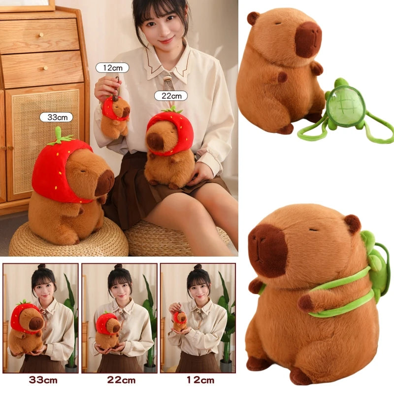 Adorable Capybara Plush Toy with Strawberry Hat & Turtle Backpack