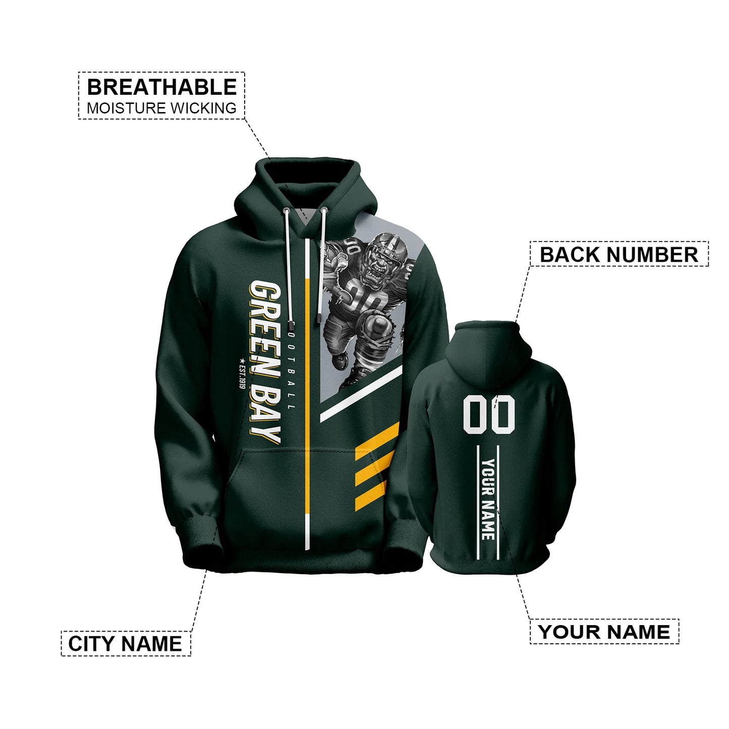 Personalized Green Bay American Football Hoodies - Custom Name & Number Sweatshirt for Men, Women, and Youth