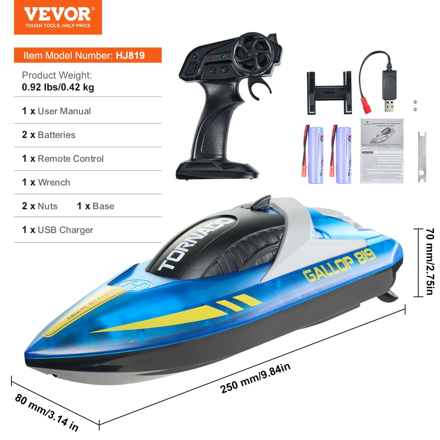 RC VEVOR HJ819 Fast RC Racing Boat - 2.4GHz Remote Control Water Speed Toy for Kids and Adults, Max Speed 12 km/h