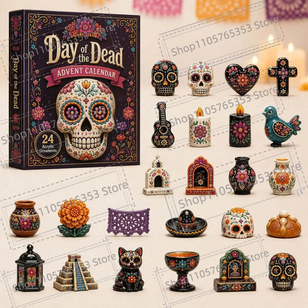 Advent Calendar | 2026 Day Of The Dead | 24 Piece 2D Acrylic Pendants | Festive Party Gift