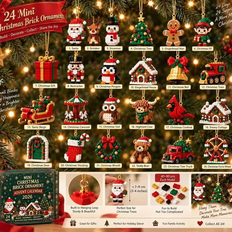 Advent Calendar | 24 Day Mini Brick Ornaments | Buildable Holiday Designs | DIY Building Block Gift Box