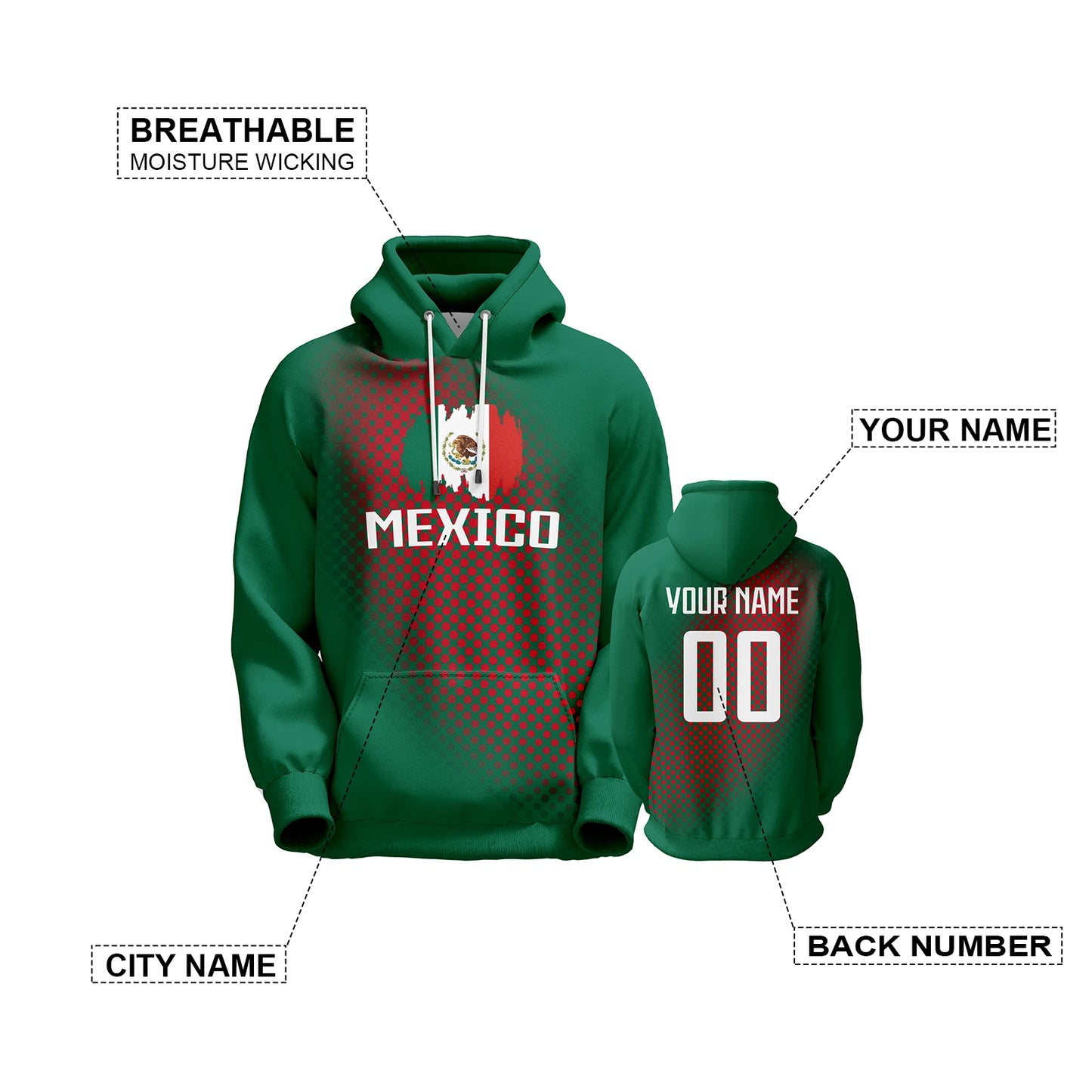 Personalized 3D Printed Mexico Soccer Hoodie with Custom Name and Number - Unique Football Sweatshirt Gift for Sports Fans