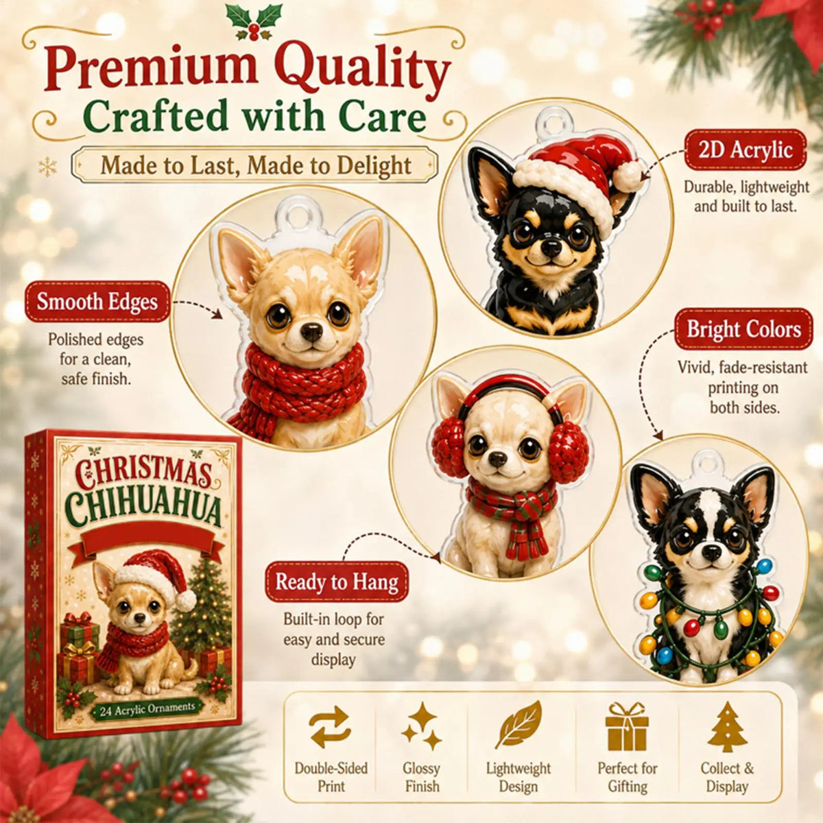 Advent Calendar | 24 Day Chihuahua Pendants | 2D Flat Acrylic Ornaments | Gift For Dog Lovers