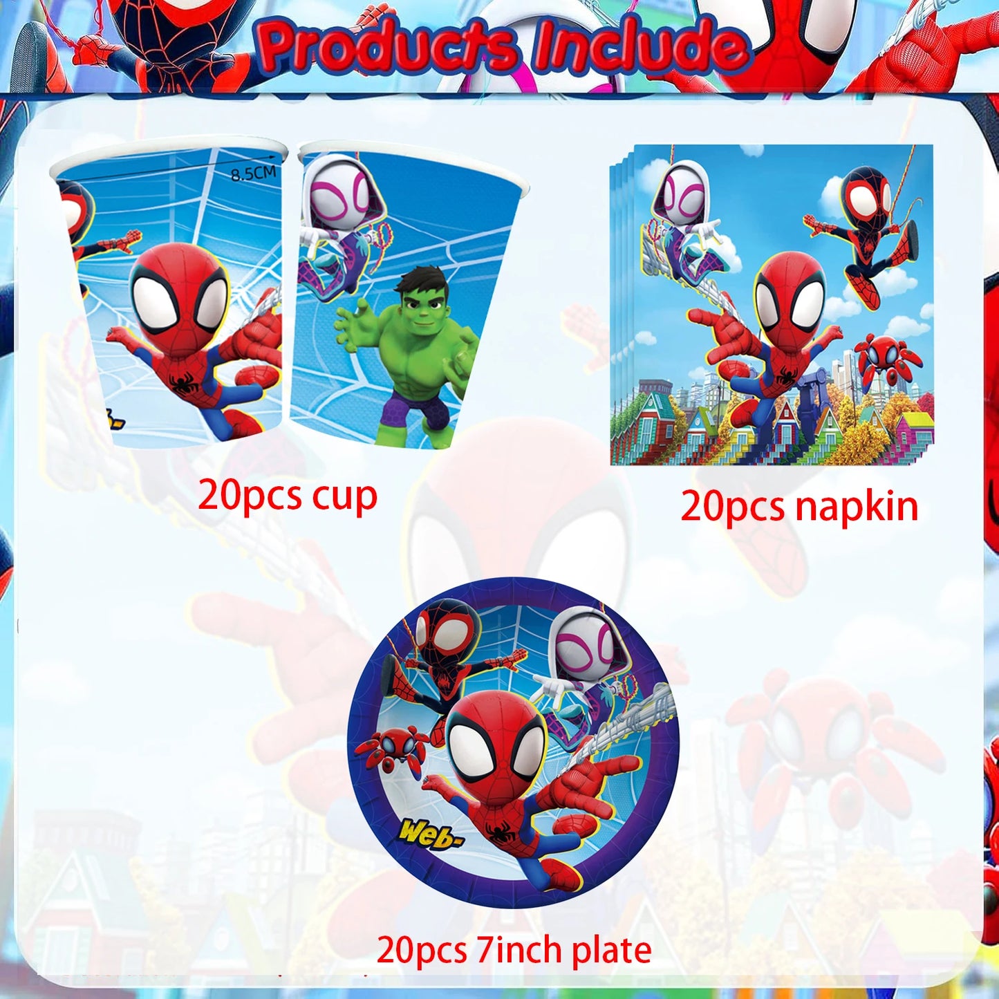 Spider Birthday Party Supplies | Disposable Tableware Set | Plates Cups Napkins
