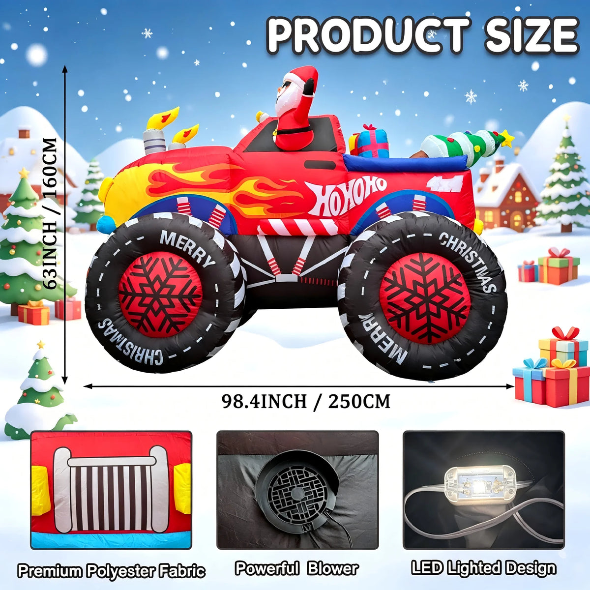 Christmas Inflatable | 8 Ft Long | LED Lights | Santa Monster Truck