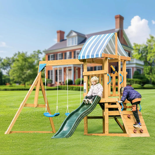 Durable Wooden Swing Set With Slide And Climbing Wall