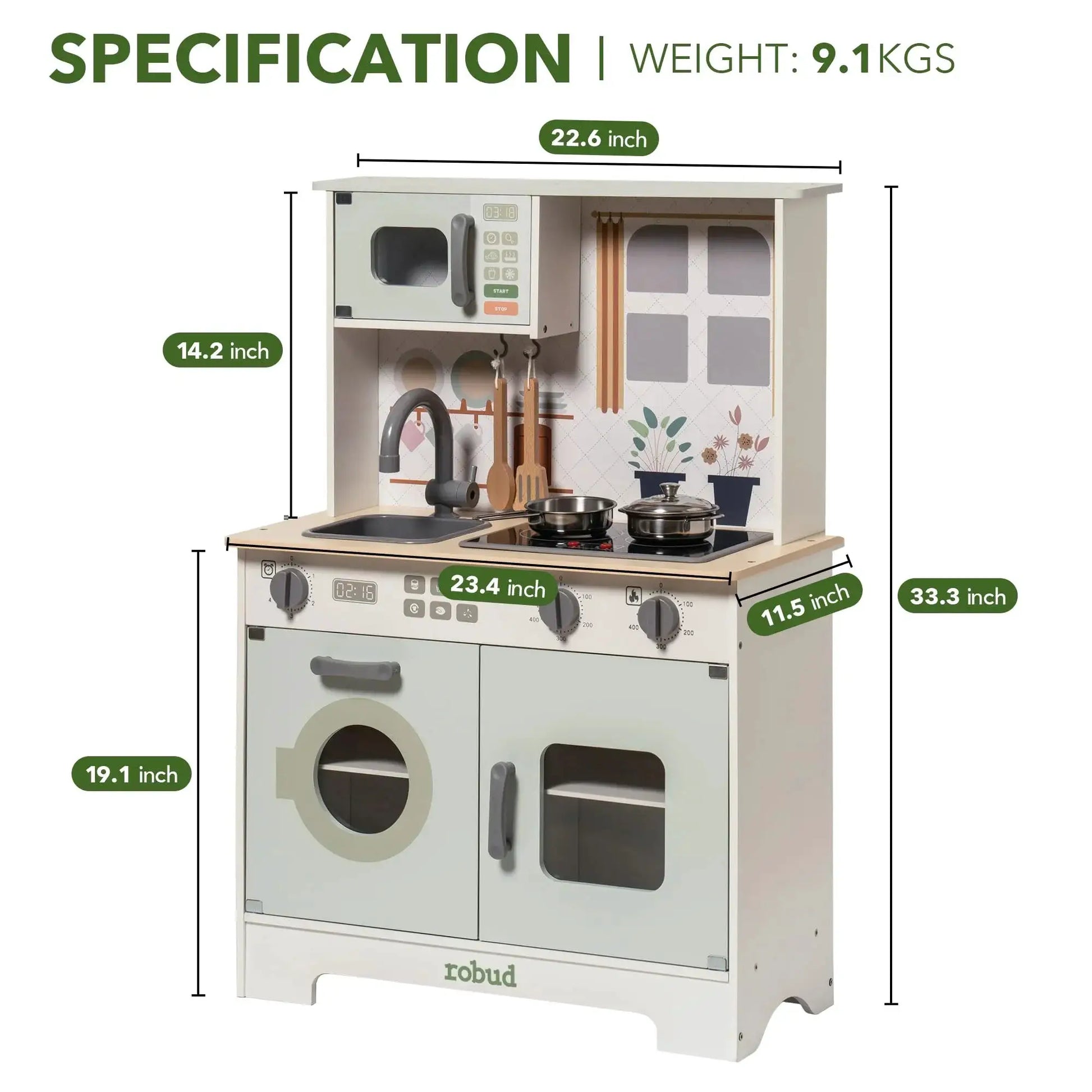 Robotime Robud Play Kitchen Wooden Play Kitchen Set Pretend Playset w/ Lights & Sounds Gift for Girls Boys Age 3+ Light Green - ToylandEU