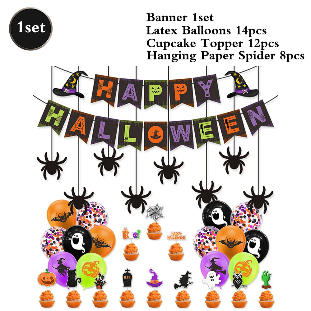 Halloween Decor Kit | Paper Banner Garland | Spider Web Swirls | Party Setup