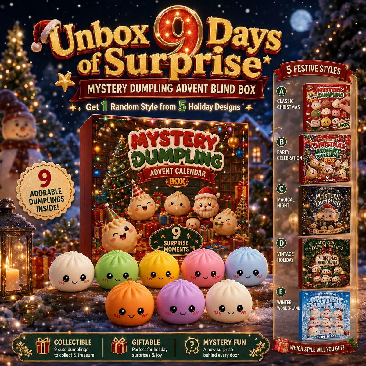 Advent Calendar | 9 Day Dumpling Fidget Squishies | Mystery Blind Box | Squeeze Sensory Holiday Gift