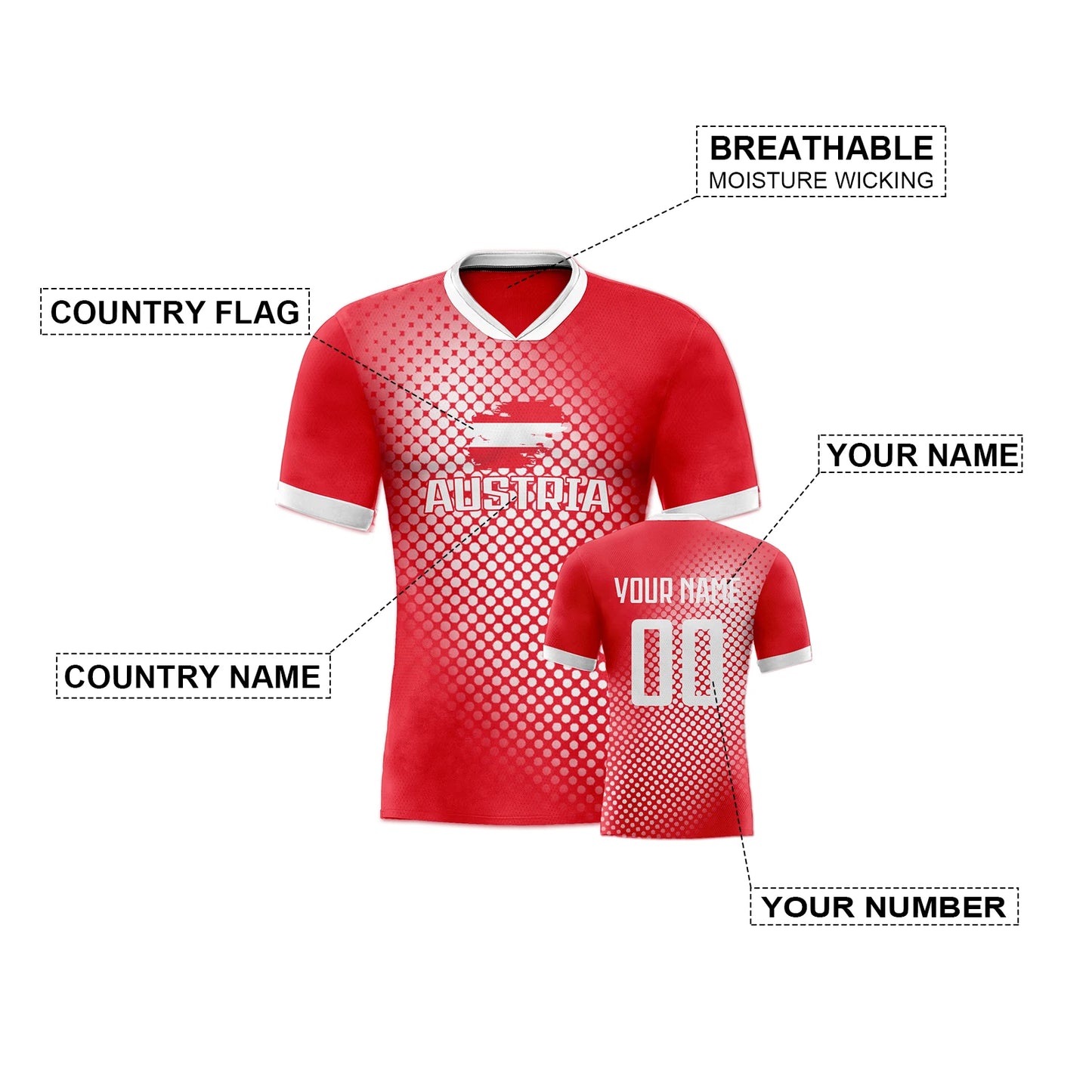 Personalized Austria Soccer Jersey with Custom Name and Number - Men's Training Kit for Fans and Youth