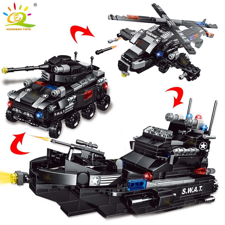 SWAT Police Ship 597pcs 8in1 Building Blocks Set with City Truck and Policeman - Construction Toy for Boys - ToylandEU