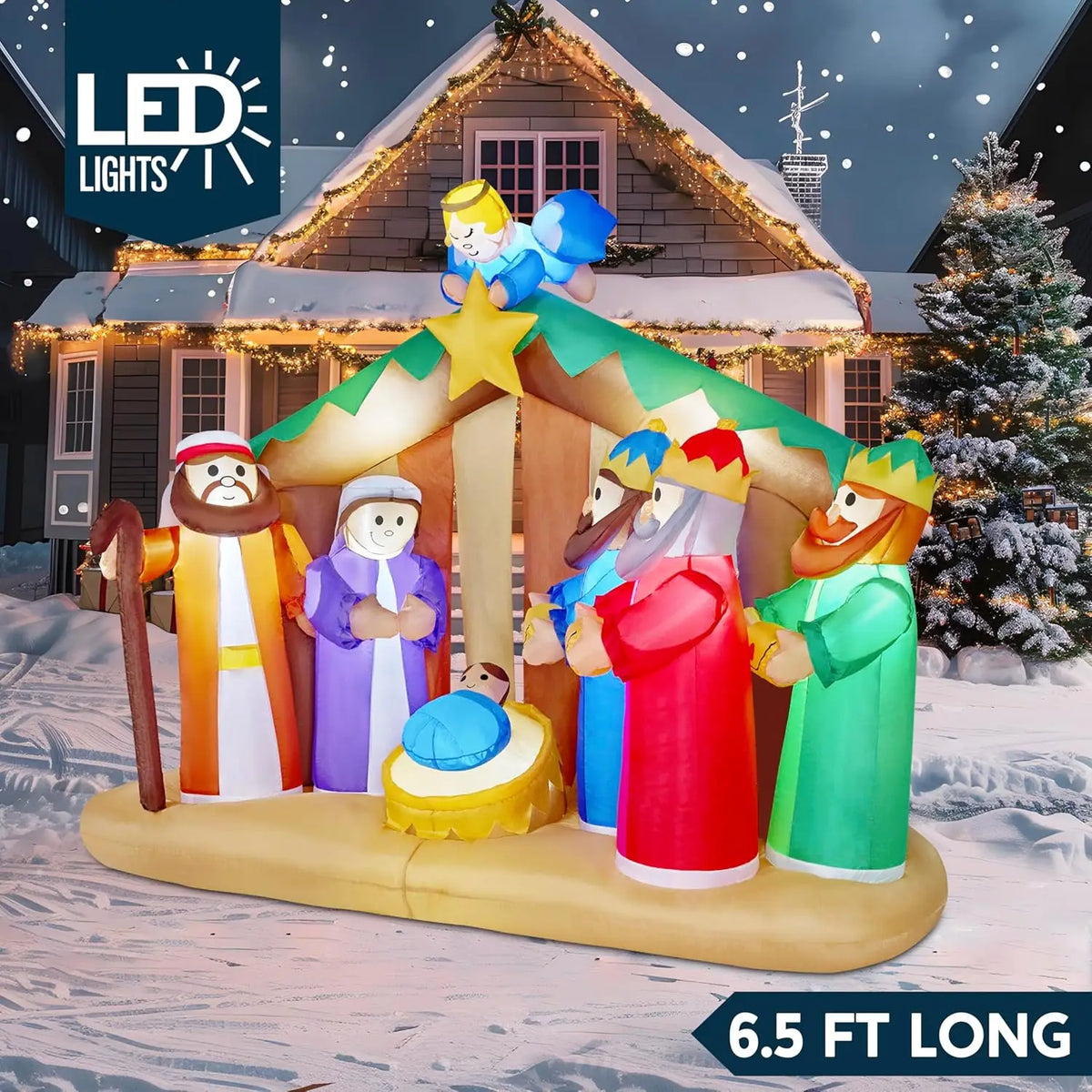 Christmas Nativity Inflatable | 8 Ft Length | Built In Led Lights | Yard Decor