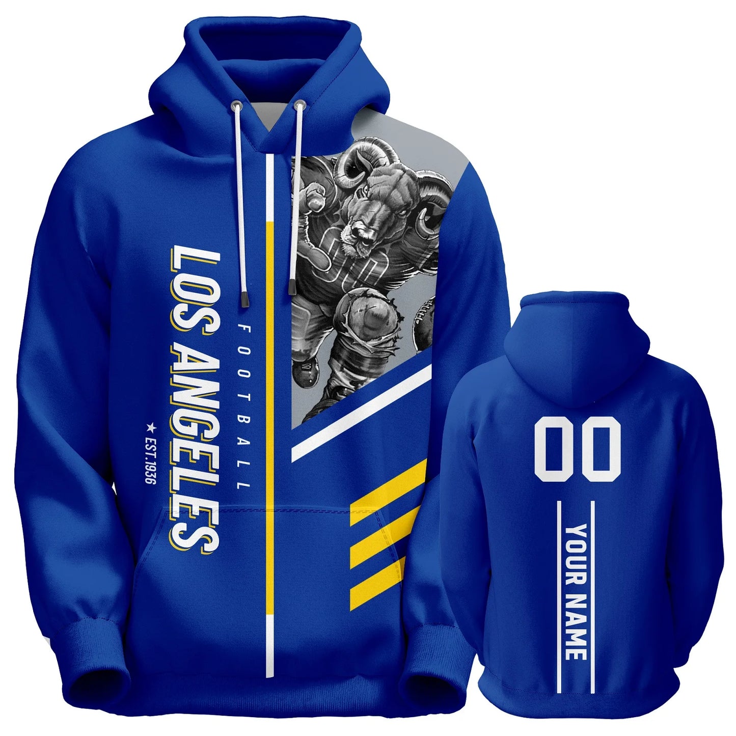 Personalized Los Angeles American Football Hoodie for Fans - 3D Printed City Mascots Sweatshirt with Custom Name & Number, Sizes S-5XL