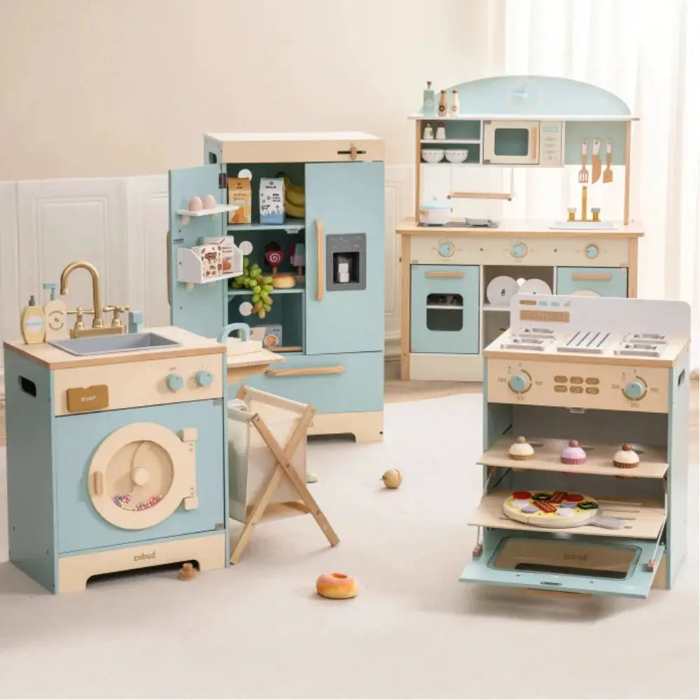 Robotime Robud Kitchen Washer Playset Play Kitchen Fridge Refrigerator Play Toy Oven Wooden Kitchen Playset for Kids Age 3+Blue - ToylandEU