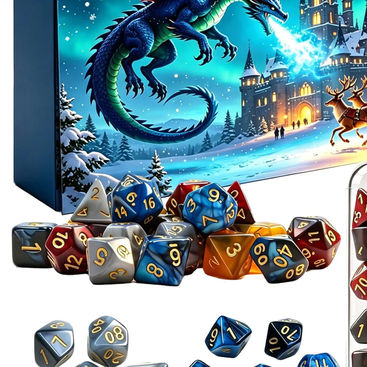 Advent Calendar | 24 Day RPG Dice Set | Display Stand And Storage Tube | Gift For Tabletop Gamers
