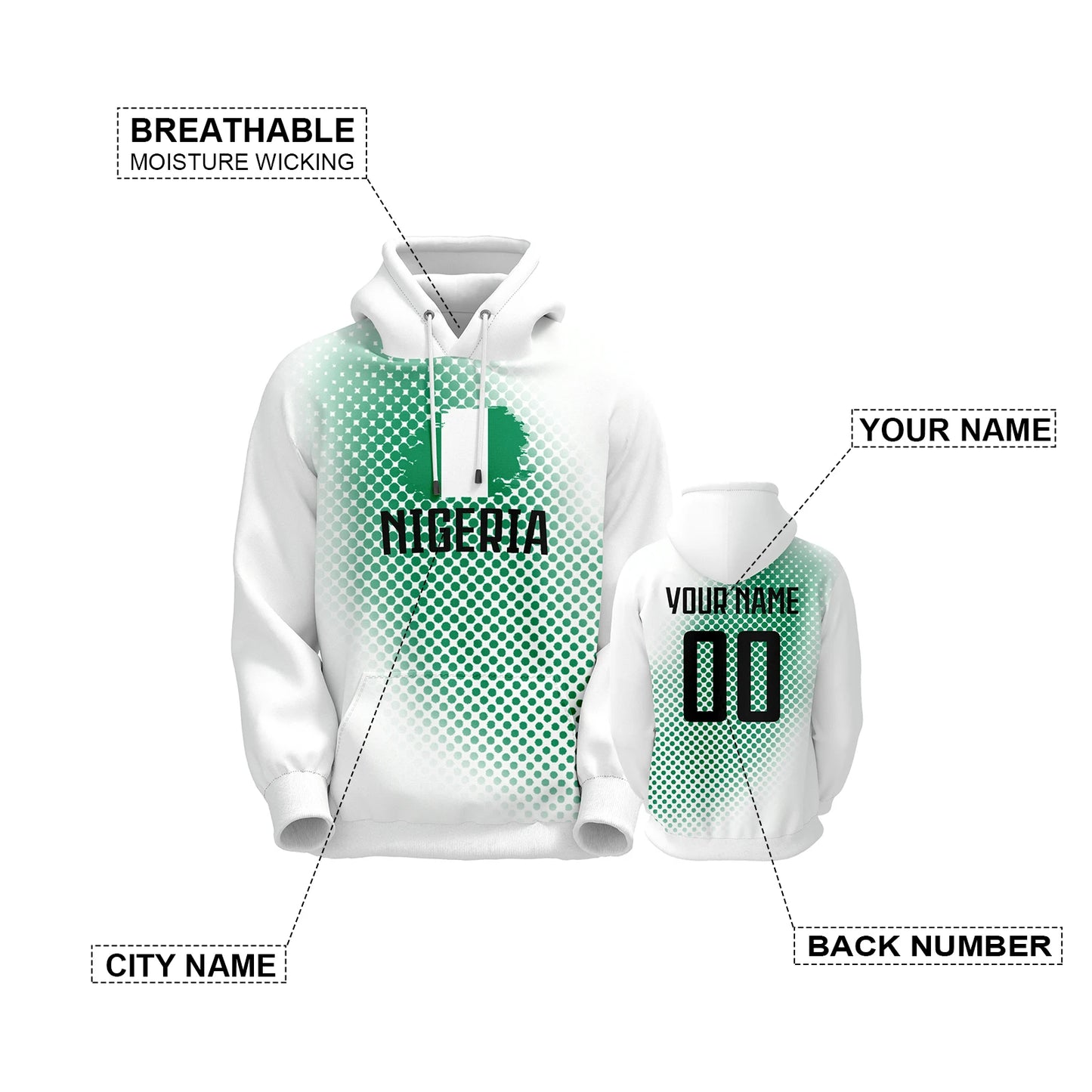 Personalized Nigeria Soccer Hoodie with Custom Name and Number - Unisex Pullover for Football Fans, S-5XL