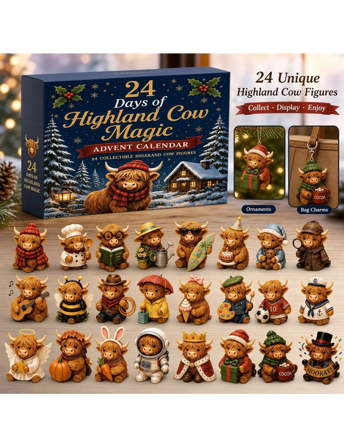 Advent Calendar | Highland Bull Pendant | 2D Scottish Long Haired Bull Ornament | Christmas Countdown Decor