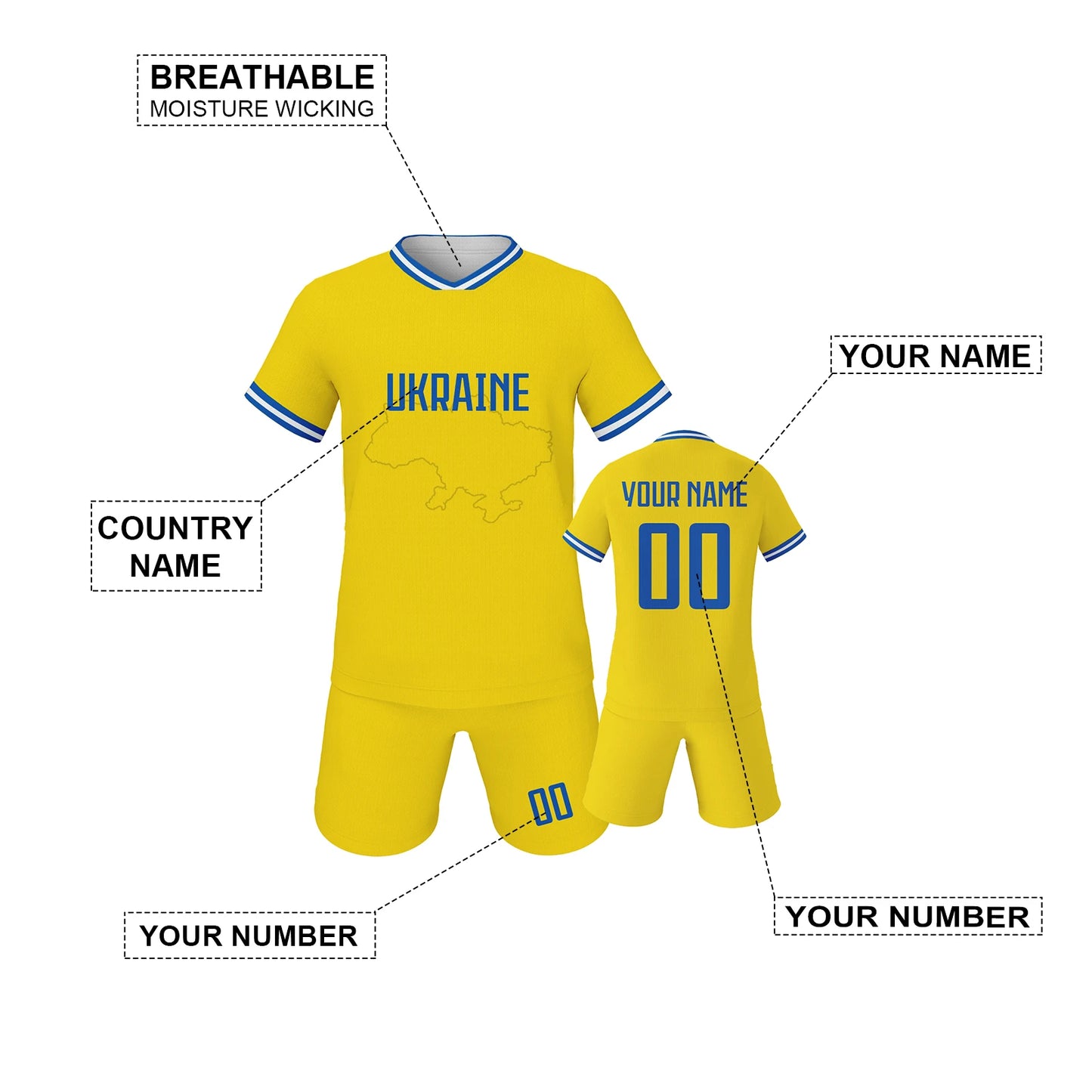 Personalized Ukraine Kids Soccer Jersey with Custom Name and Number for Youth Training - Ages 3-14