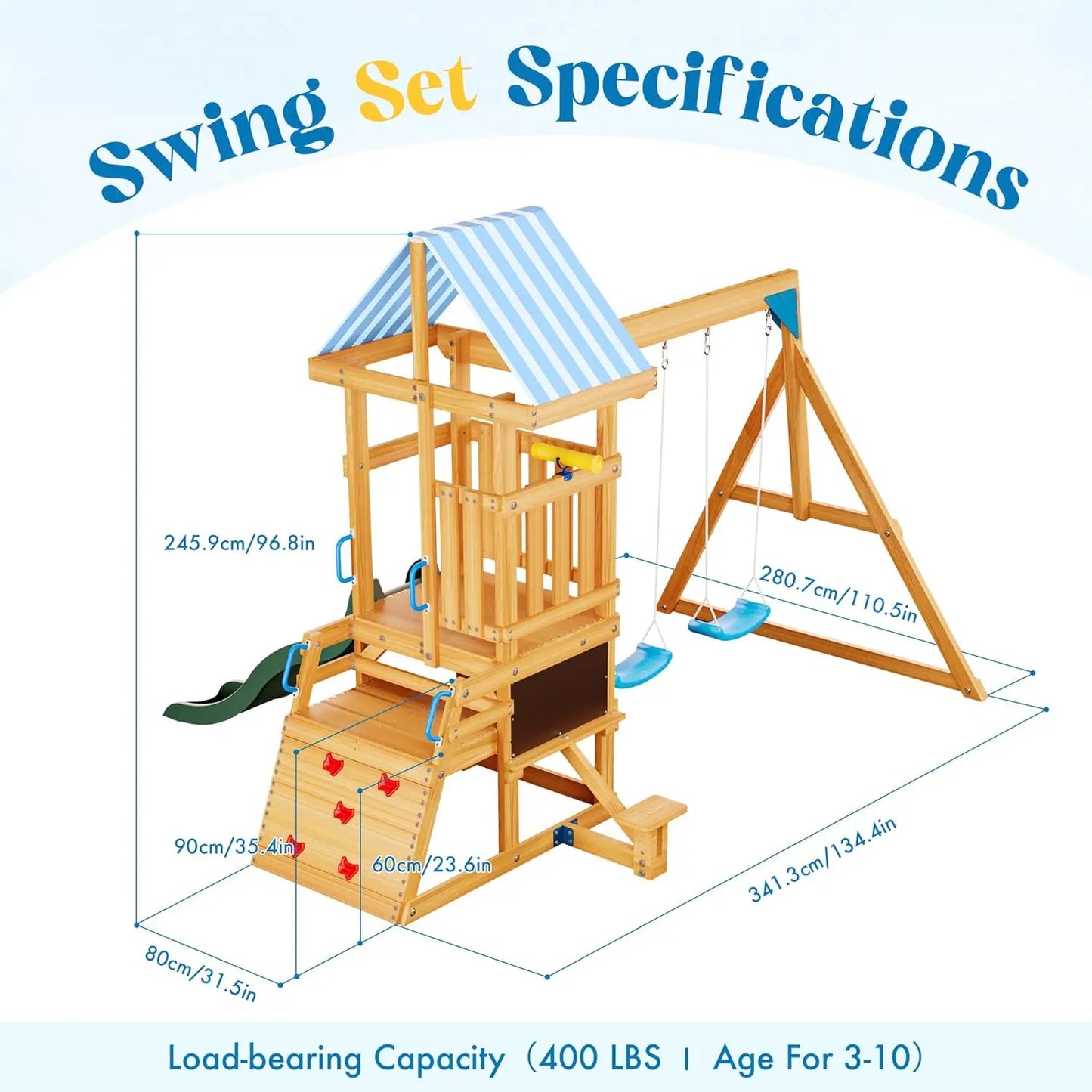 Durable Wooden Swing Set With Slide And Climbing Wall