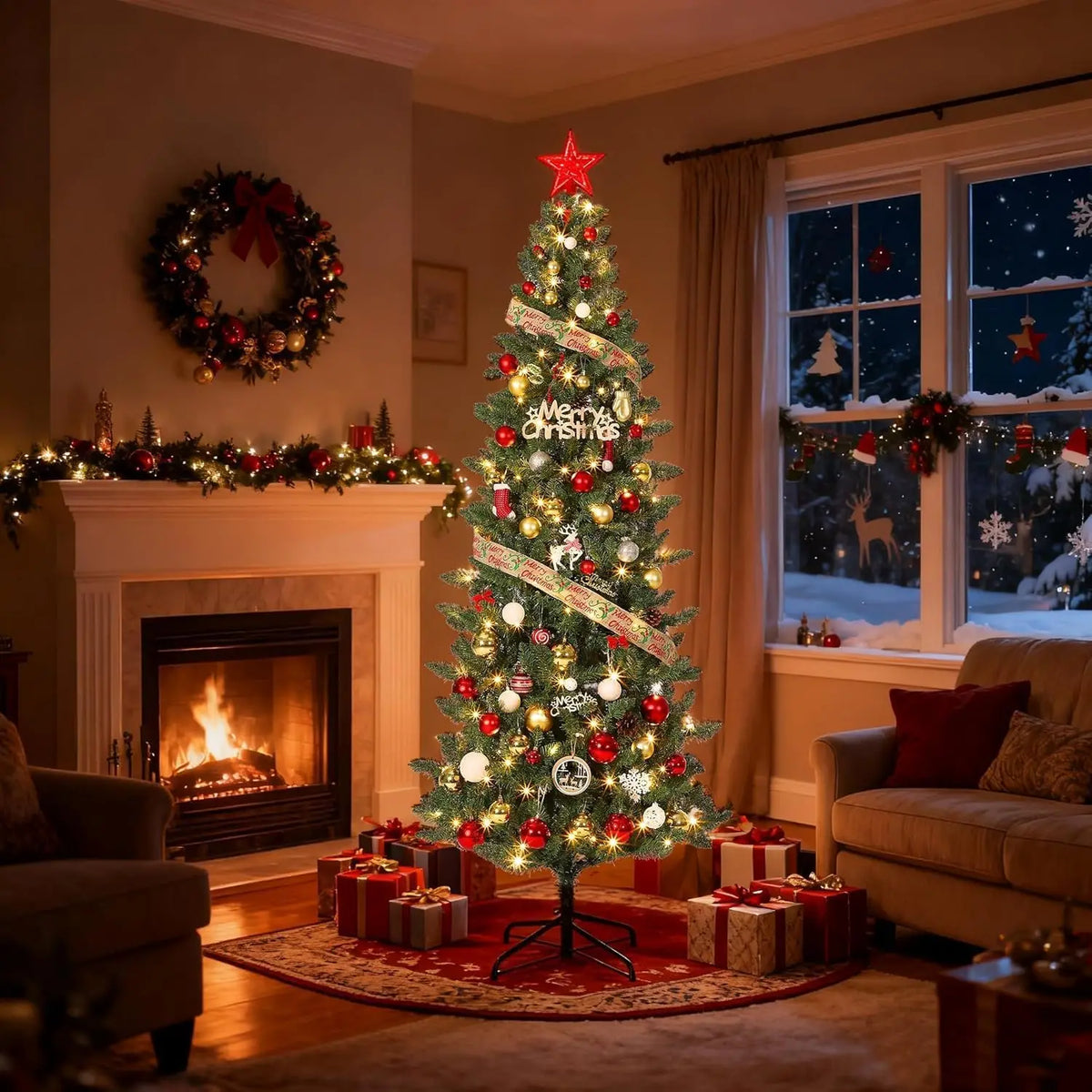 Artificial Christmas Tree | Pre Lit Warm Lights | Slim Pencil Trunk | Compact