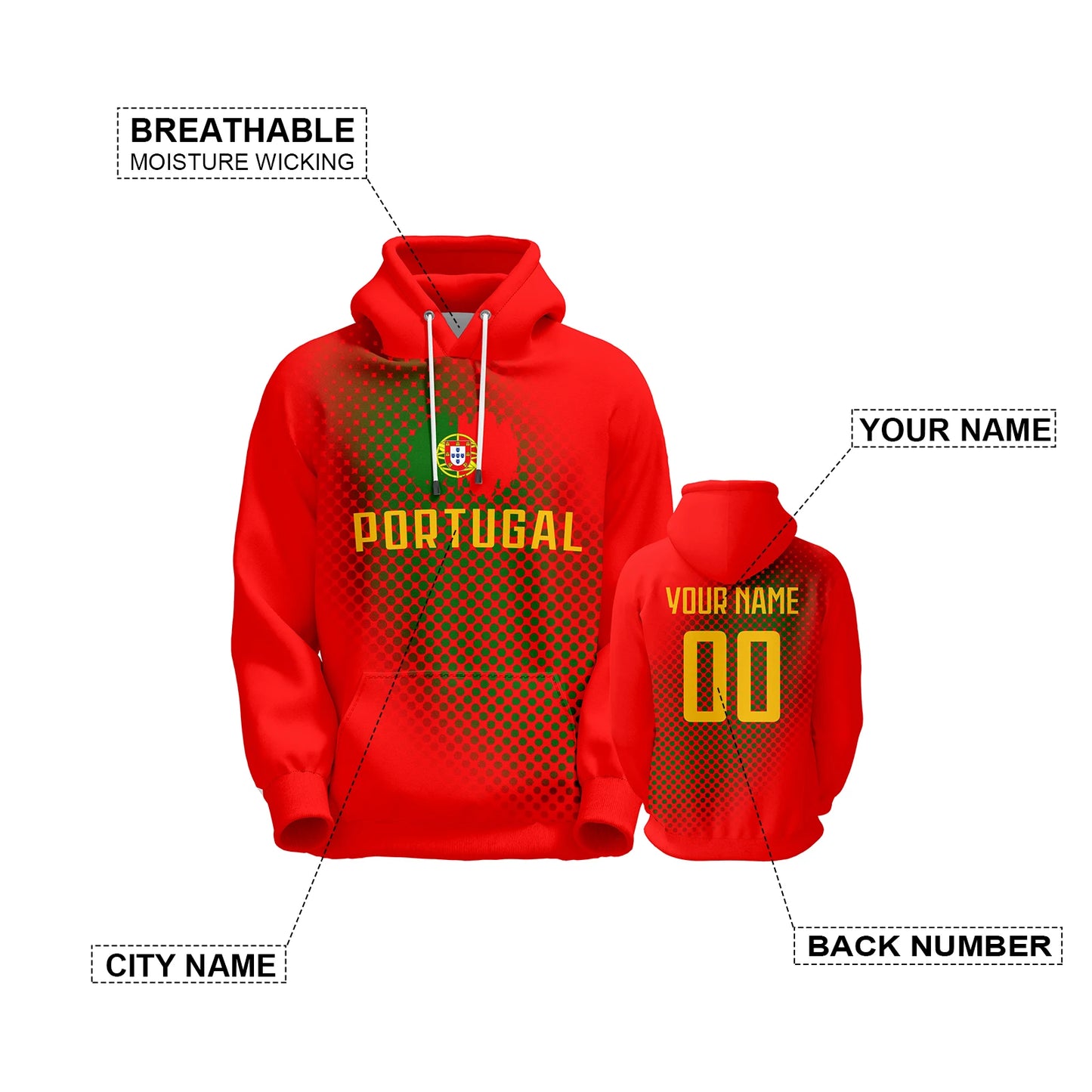 Personalized Portugal National Soccer Hoodie - Custom Name & Number Pullover for Men, Women, and Youth Fans