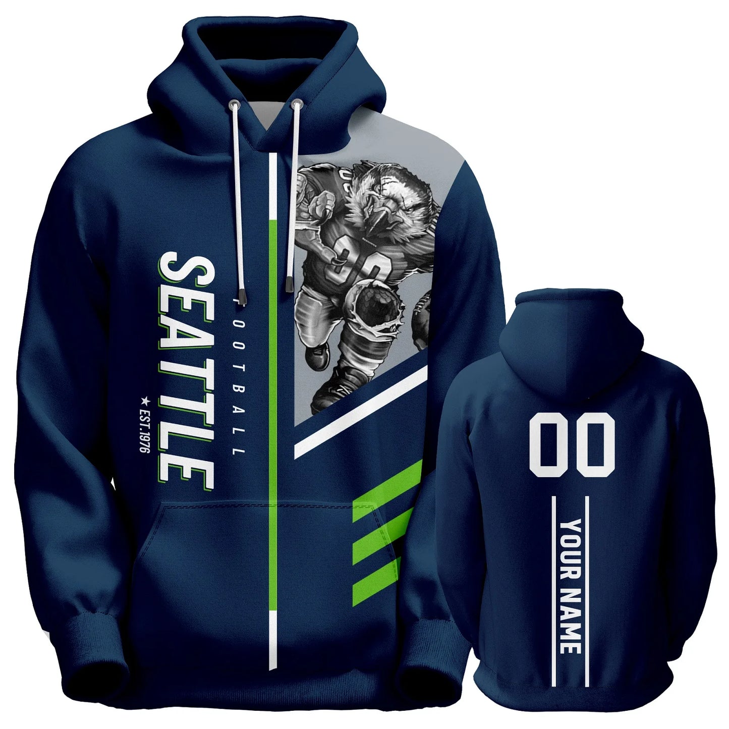 Personalized Seattle City Mascot 3D Print Football Hoodie - Custom Pullover Sweatshirt for Men, Women, and Youth Fans with Name and Number