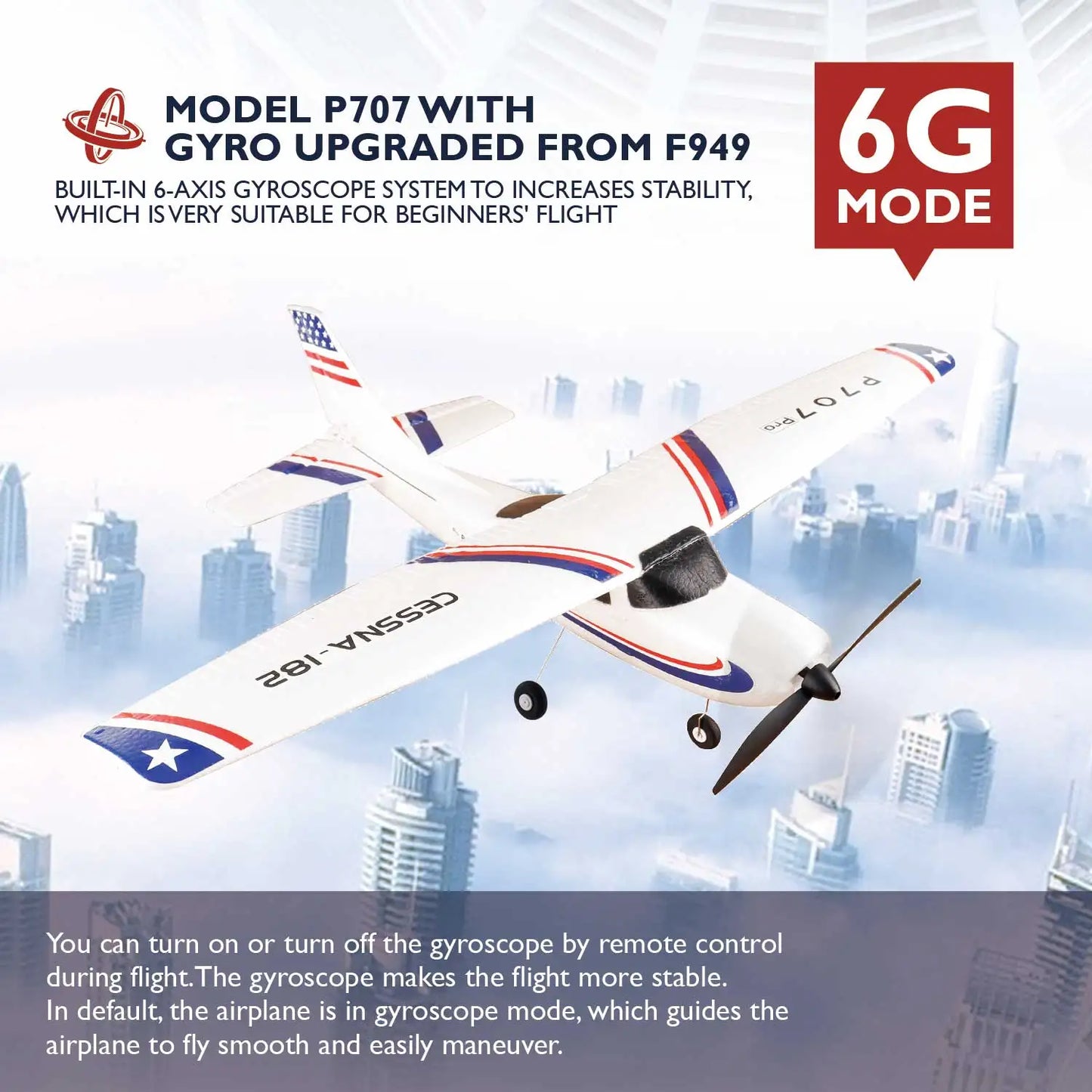 RC Parkten P707G PRO 3D/6G RC Glider with Gyro - Ready-to-Fly CESSNA 182 Drone for Outdoor Fun