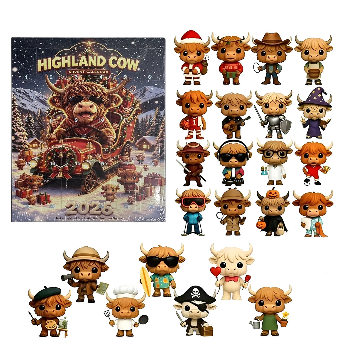 Advent Calendar | 2026 Highland Cow Figures | 24 Piece 3D PVC Display | Mantel And Shelf Decor