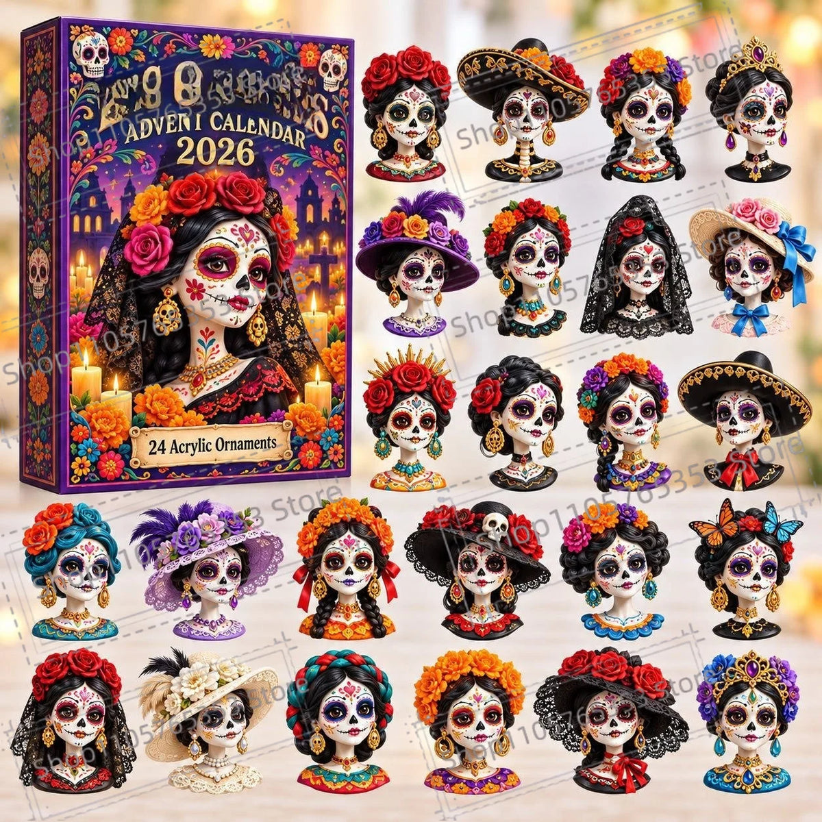 Advent Calendar | 2026 Day Of The Dead | 24 Piece 2D Acrylic Pendants | Festive Party Gift