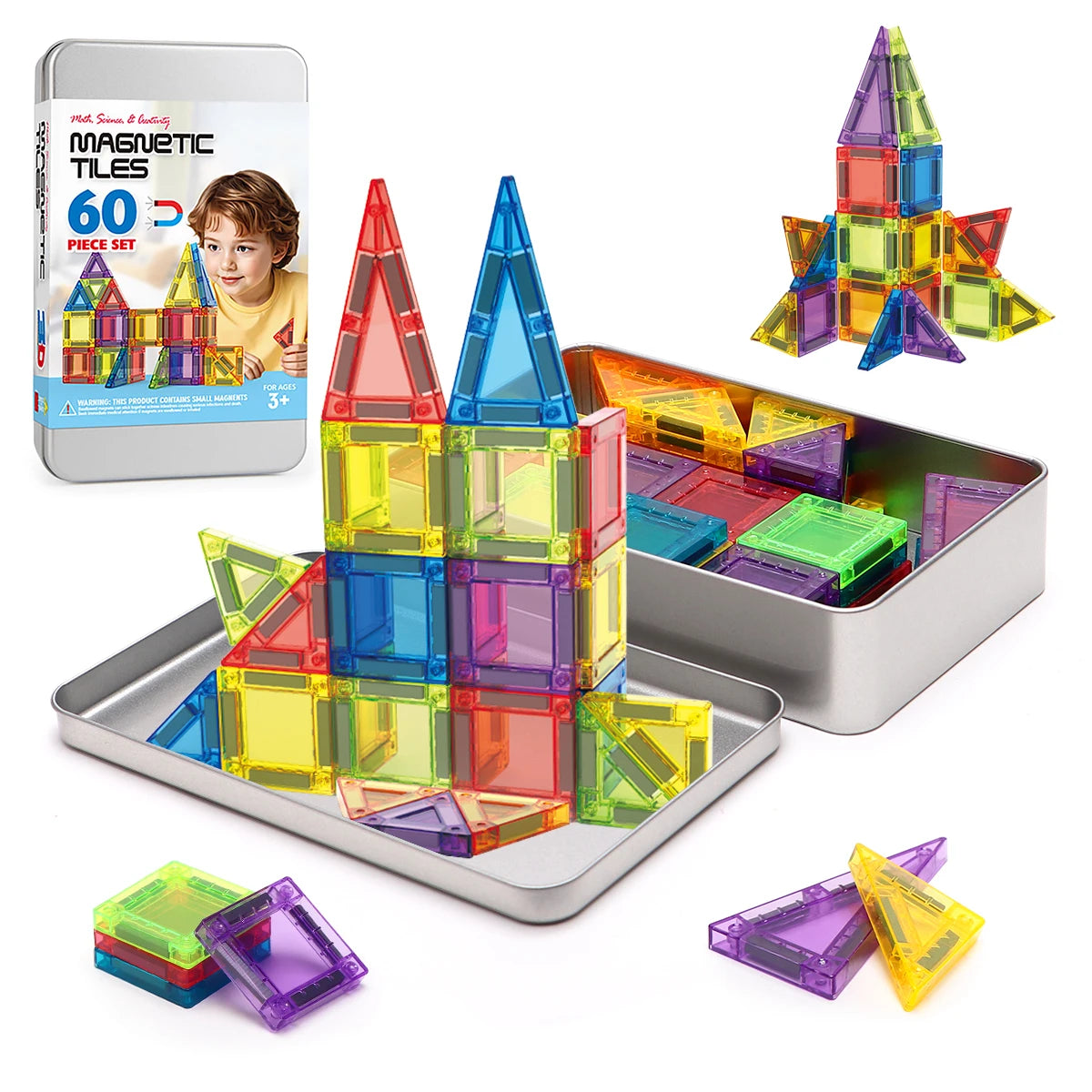 3D Magnetic Tiles Building Set | 38/60 Pieces | Storage Tin | For Ages 4-12