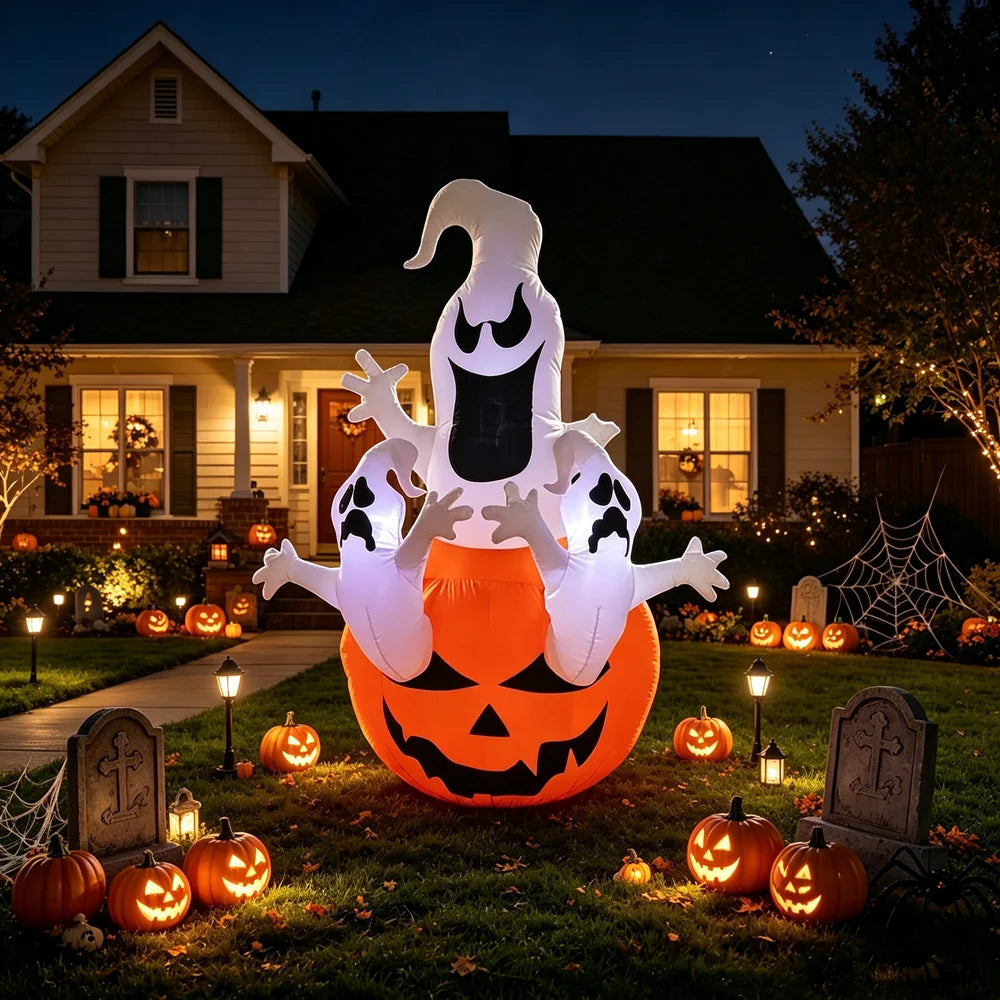 Halloween Inflatables | 4 Ft Tall | Ghost Pumpkin Design | Outdoor Lawn