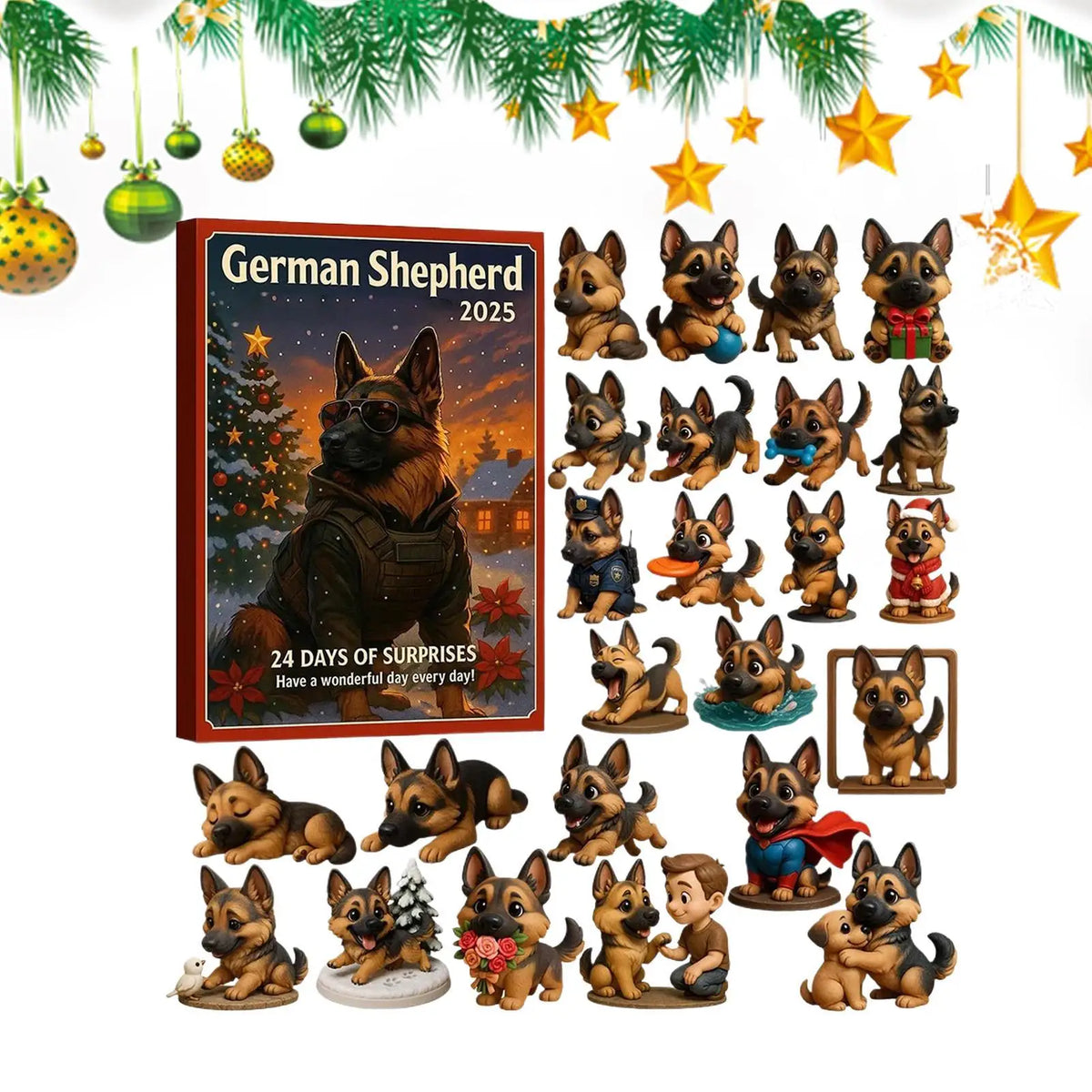 Advent Calendar | German Shepherd Ornaments | 24 Piece 2D Flat Dog Decorations | Kids And Adults Gift