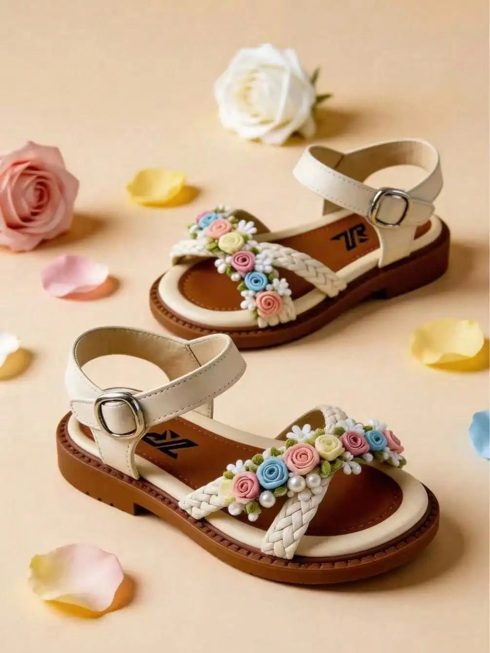 Girls Floral Sandals | Braided Princess Style | Pearl Decor Pink/Blue | Ages 7-13