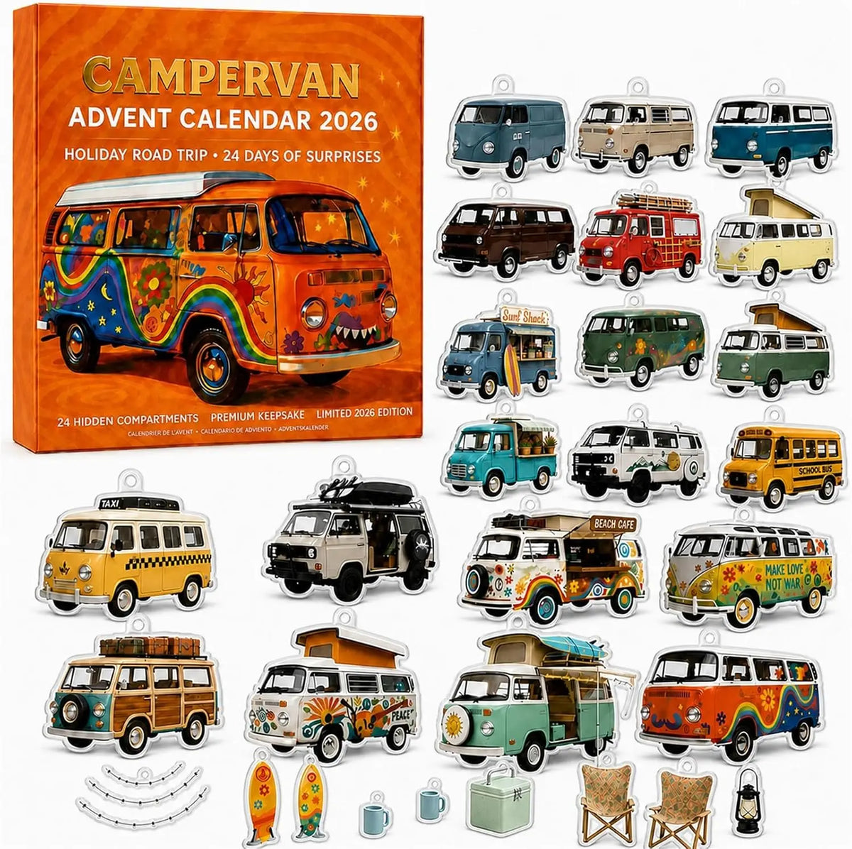 Advent Calendar | 24 Retro Campervan Ornaments | Unique Acrylic Road Trip Designs | Desktop Display Gift