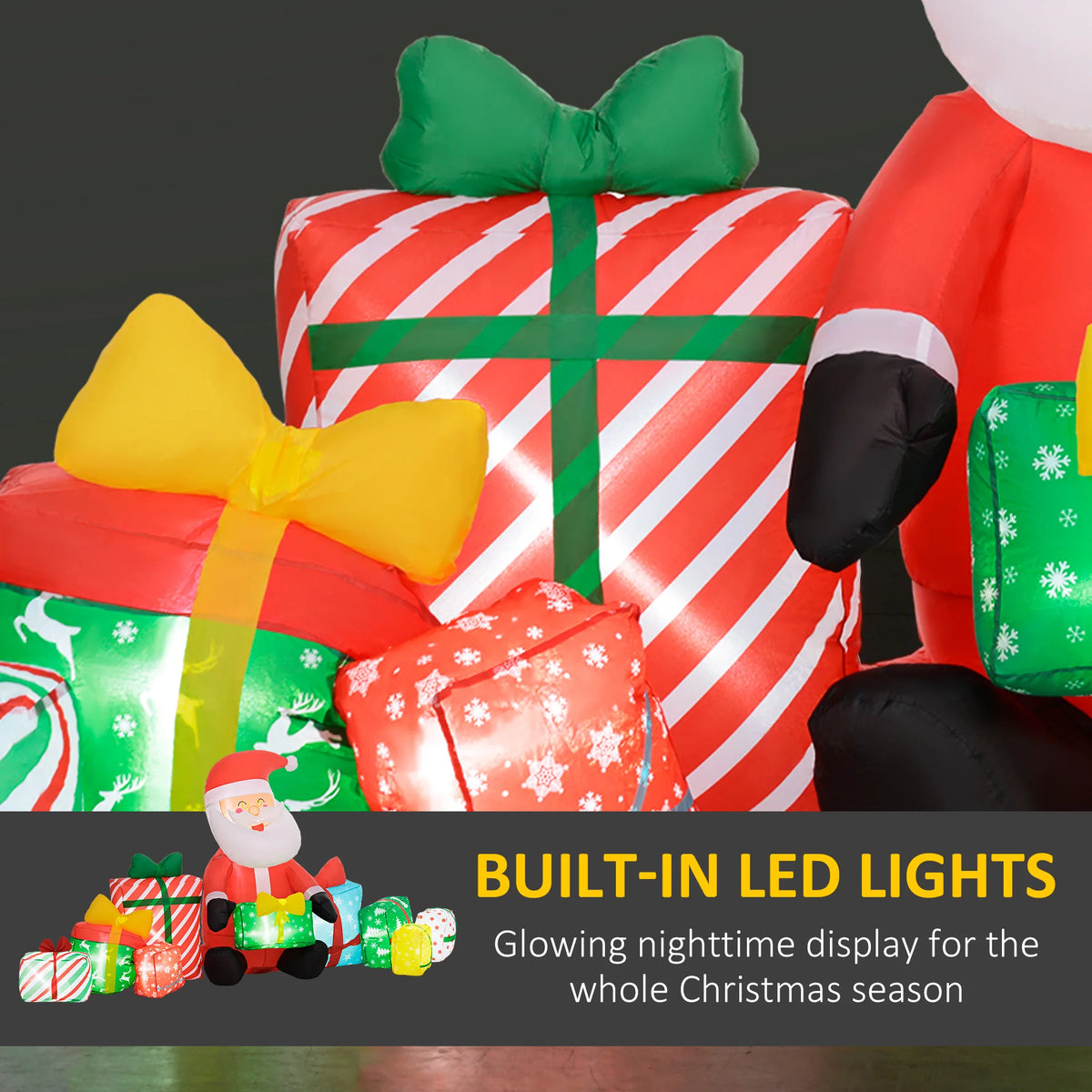 Inflatable Santa Claus And Gift Boxes | 10 Ft Wide | White Led Lights