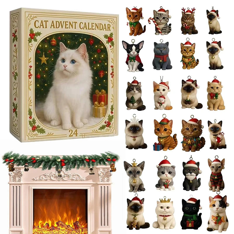 Cat Advent Calendar | 24 Days Xmas Countdown | 24pc Acrylic Kitten Decor | Gift