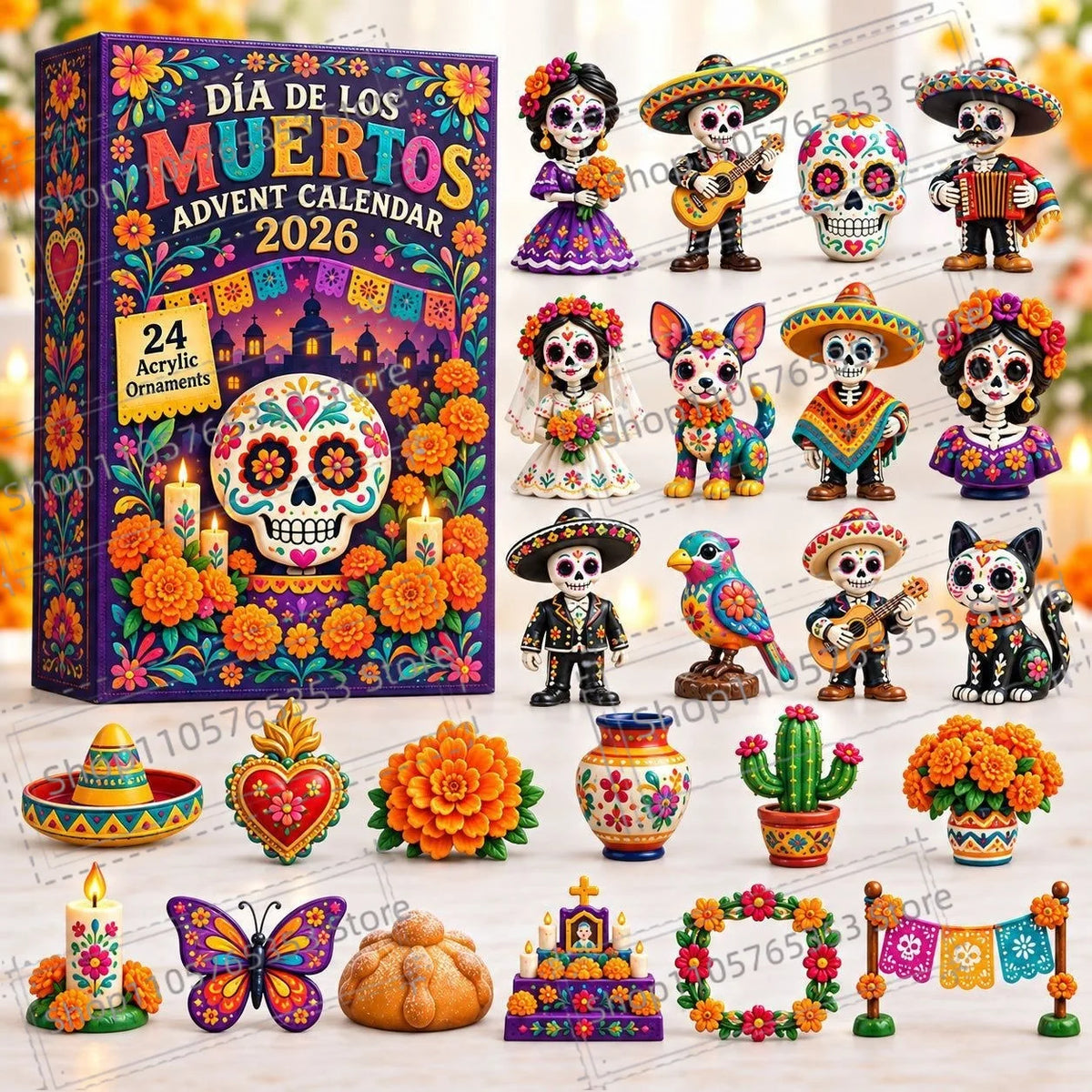 Advent Calendar | 2026 Day Of The Dead | 24 Piece 2D Acrylic Pendants | Festive Party Gift