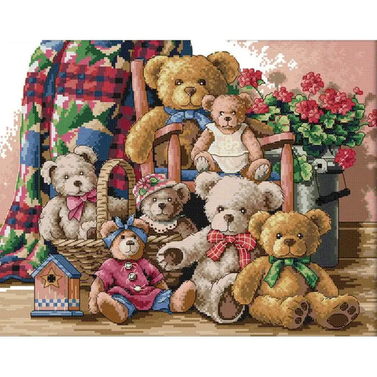 Bear Family Cartoon Cross Stitch DIY Embroidery Kit with Aida Fabric and Sewing Accessories