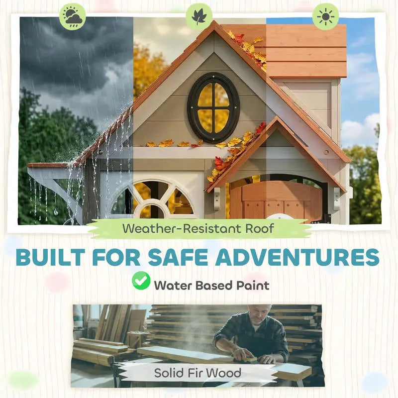 Wooden Outdoor Playhouse For Kids With Dog Door Kitchen